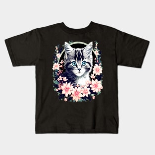 Black and Grey Kitten Surrounded by Spring Flowers Kids T-Shirt